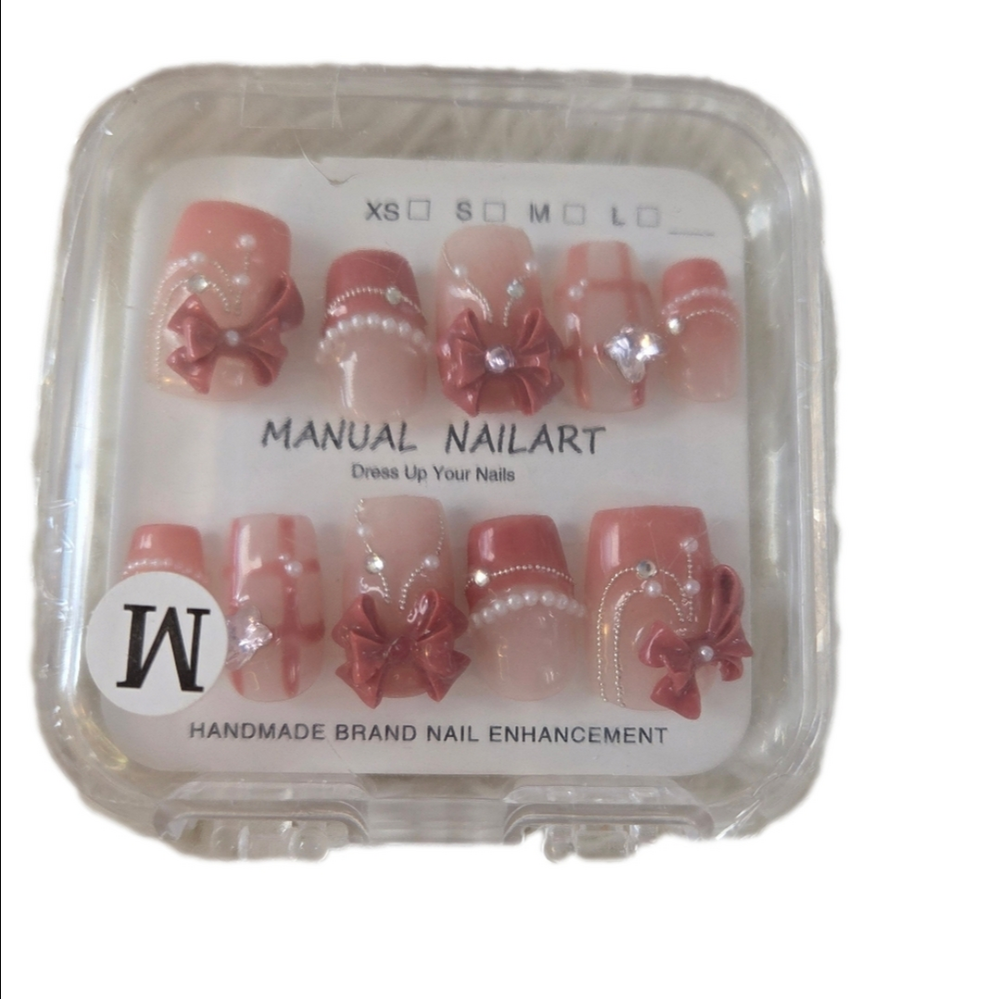 Manual Nail Art Dusty Rose Pink White Pearl Medium Square False Nails